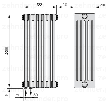 Схема (чертеж) Радиатор Zehnder Charleston 6200/7 №3370 Белый глянцевый RAL 9016